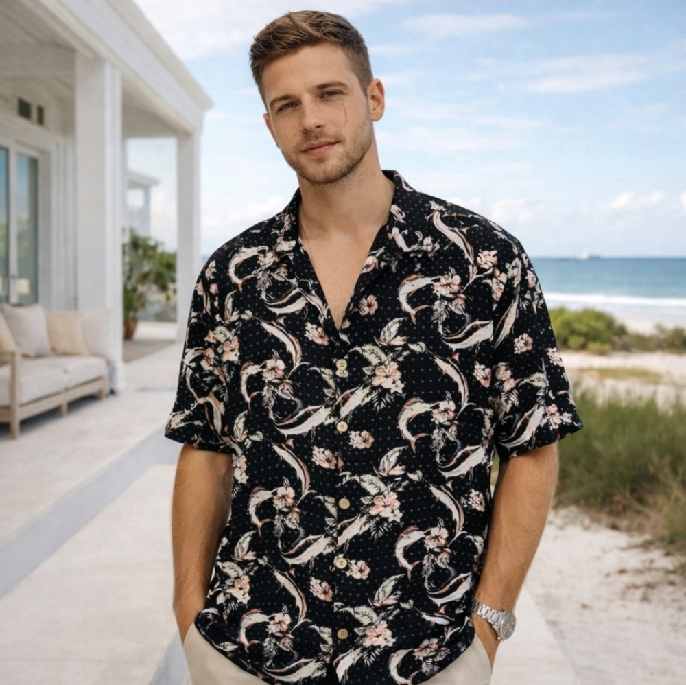 Margaritaville Button Up Shirt Men XL Black Floral Fish Hawaiian Jimmy Buffett